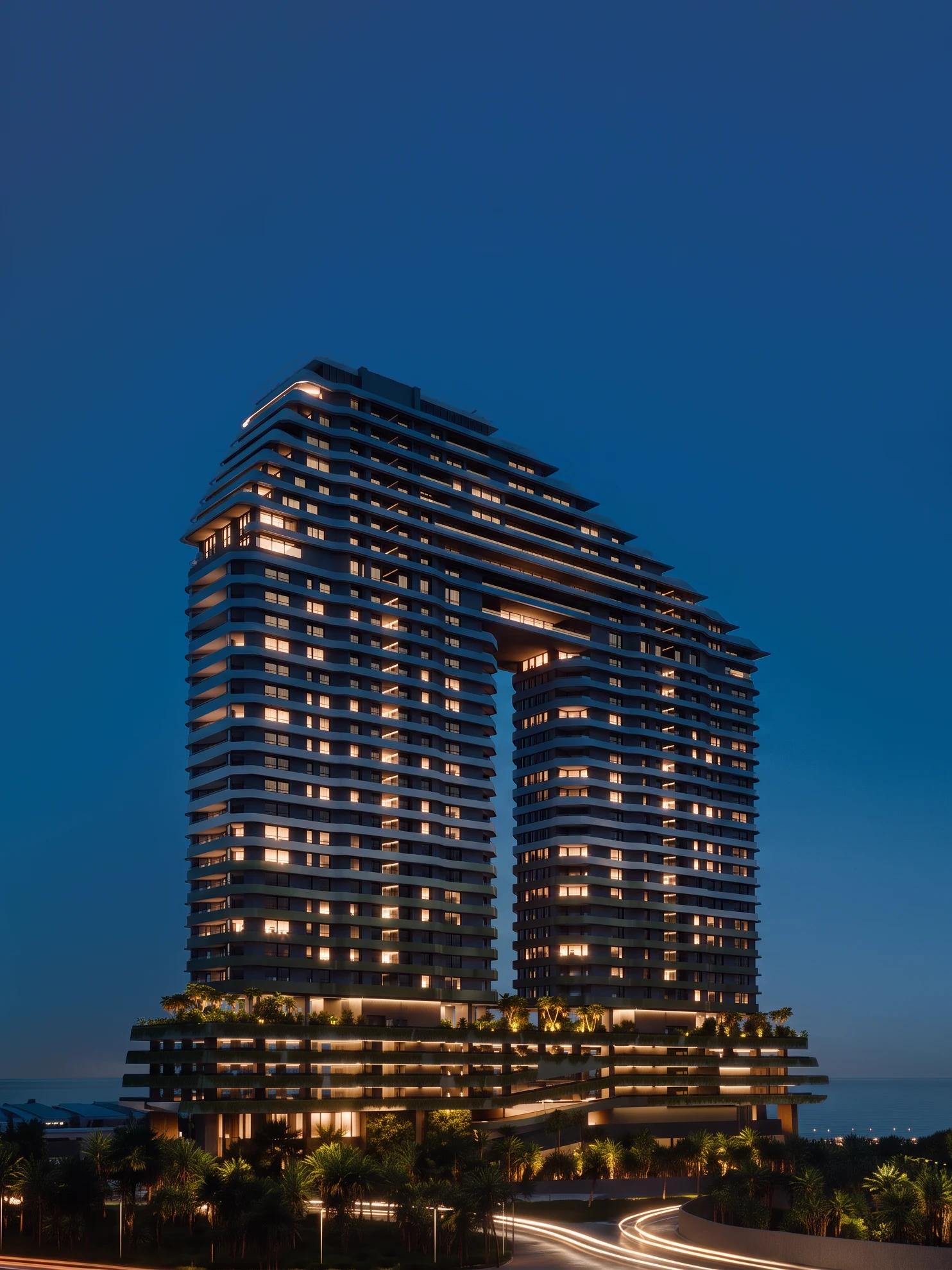 Solaris towers and their connecting opening against a rich blue-hour sky, with warm interior lighting