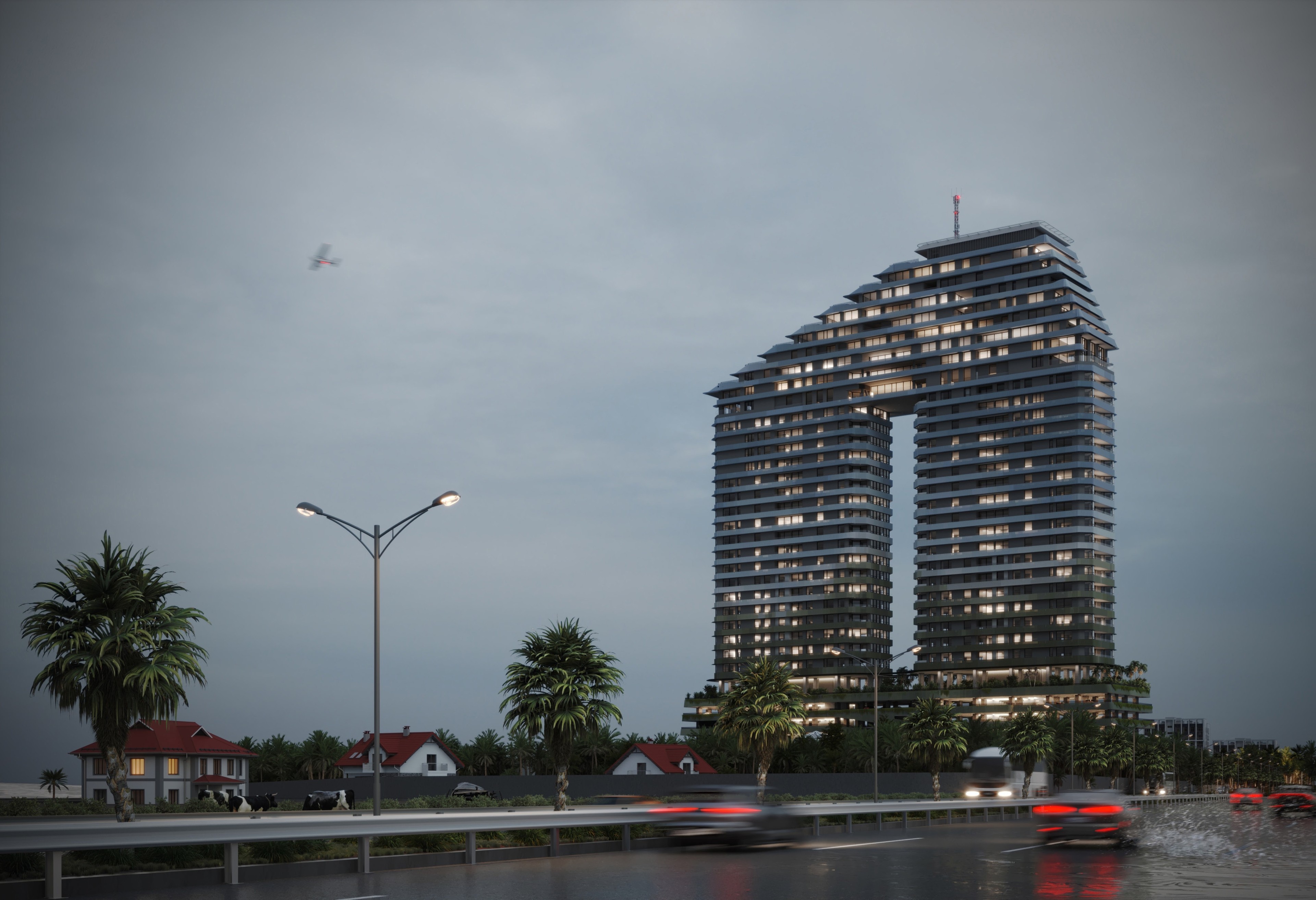 Original project visualization of Solaris at blue hour