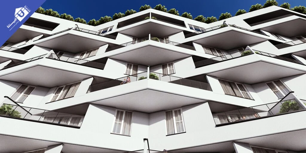 Four Seasons competitor rendering: faceted terraces viewed from below