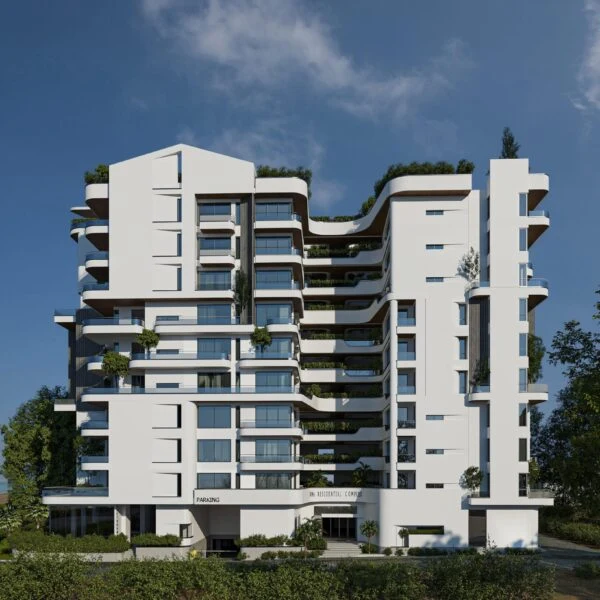 Padiav rendering of Soma showing a white coastal apartment building with curved balconies