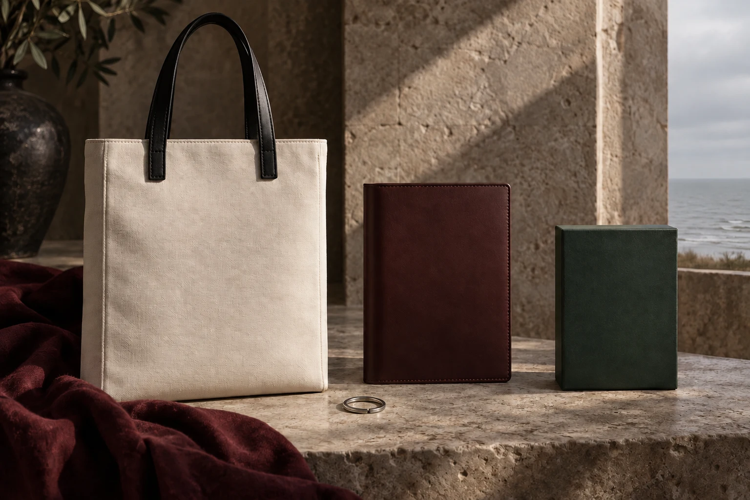 Canvas tote, burgundy leather folio and forest-green presentation box
