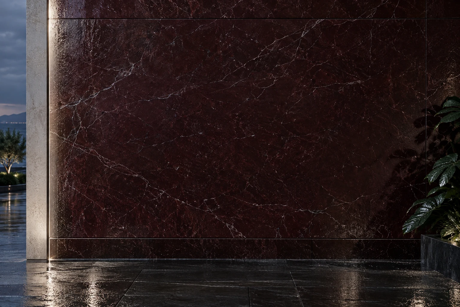 Wine-colored mineral stone and reflected coastal light